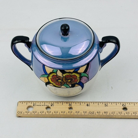 Vintage Noritake Floral Sugar Bowl Blue Lusterware Handpainted Morimura M Japan - Picture 9 of 9